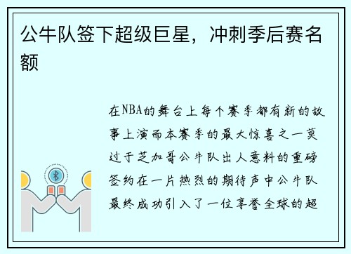 公牛队签下超级巨星，冲刺季后赛名额