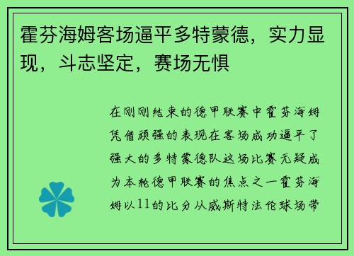 霍芬海姆客场逼平多特蒙德，实力显现，斗志坚定，赛场无惧